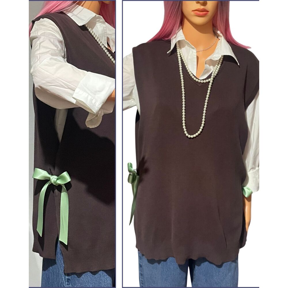 Reworked GAP Brown Side Tie Vest Ribbon Bow Sweater Knit  Longline Sleeveless